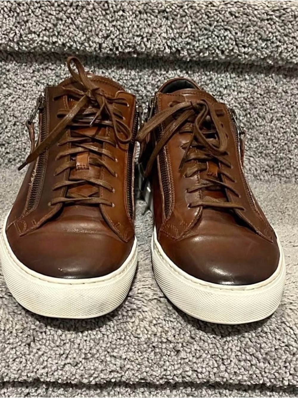 Men's Brown Leather Low-Top Sneakers with Side Zipper and White Sole